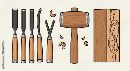 Traditional wood carving tools including chisels, gouges, and a mallet with a carved wooden piece in a bright studio.