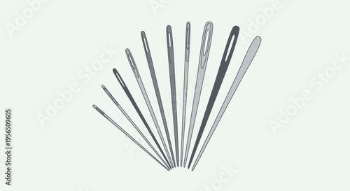 Collection of various sewing needles arranged in a fan shape on a light background.