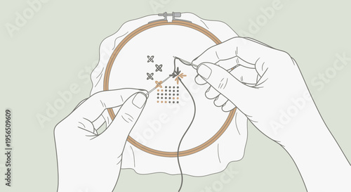 Close-up of hands performing delicate cross-stitch embroidery on fabric in a wooden hoop.
