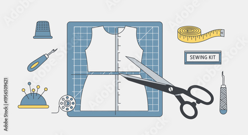 Flat lay of essential sewing tools and dress pattern on cutting mat, ready for crafting projects.