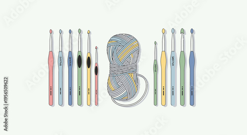 Assortment of colorful crochet hooks in various sizes with a striped ball of yarn in a bright studio.