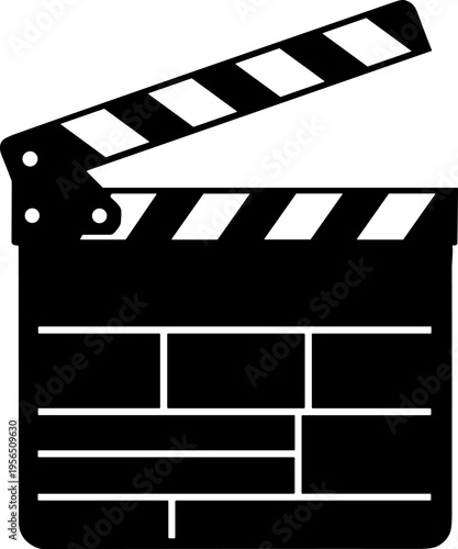 Film clapperboard icon with striped top and labeled segments for movie production, scene tracking, and media design themes