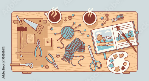 Overhead view of a busy craft table displaying diverse hobby activities like woodworking, knitting, and painting with coffee cups.
