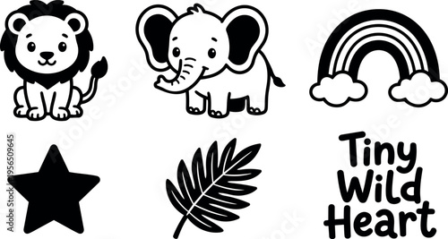 Vector art set featuring lion elephant rainbow star leaf and tiny wild heart lettering