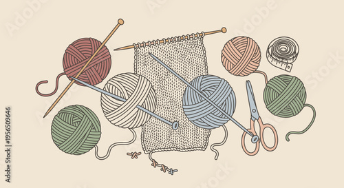 Knitting supplies with colorful yarn balls, knitting needles, and a partially knitted scarf on a light studio background.