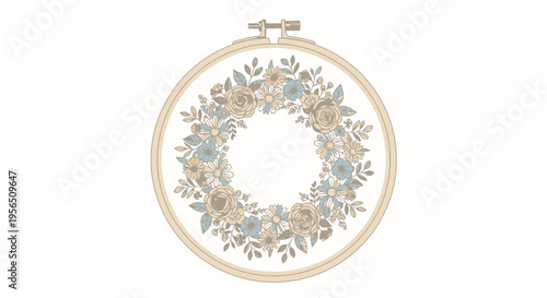 Elegant floral embroidery hoop art featuring blue and white roses and leaves, isolated white background.