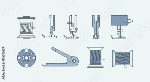 Collection of diverse sewing machine presser feet and thread bobbins, displayed in a bright studio.