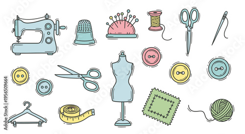 Comprehensive collection of sewing supplies including a sewing machine, thimble, thread, and buttons on a light studio background.
