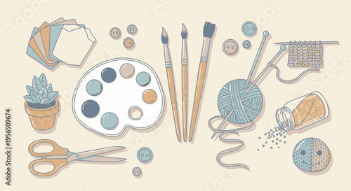 Overhead view of various art and craft supplies including a paint palette, brushes, yarn, and beads on a light studio background.
