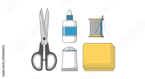 Essential basic sewing kit items including sharp scissors, fabric glue, thread, and fabric swatches in a bright studio.