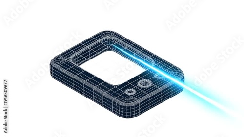 Futuristic 3D wireframe rendering of a sleek, modern digital device with a glowing blue laser beam emitting from its side, isolated on white background.