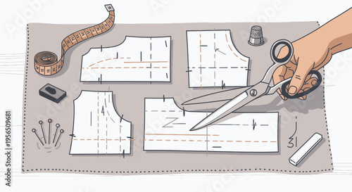 Hands precisely cutting fabric with scissors using a sewing pattern and measuring tape on a workshop table.