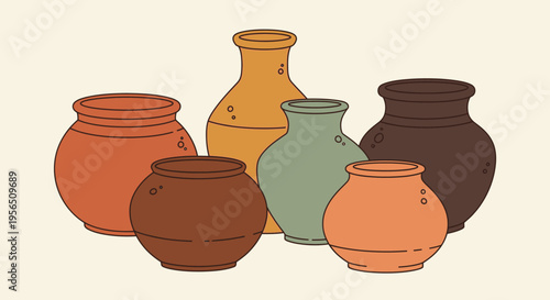 Collection of rustic handmade ceramic pots and vases in earthy tones, displayed in a bright studio.