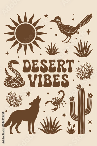 Retro Desert Vibes Illustration with Southwestern Wildlife Elements