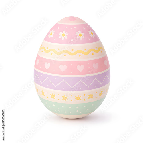 Pastel Easter Egg with Floral and Heart Stripe Pattern on White Background