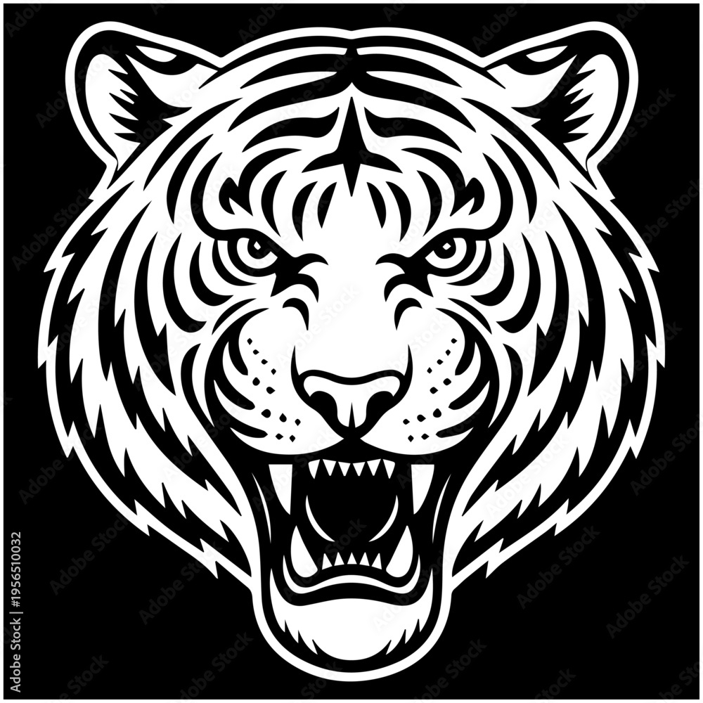 Fototapeta premium Angry Tiger Head Logo – Wild Animal Mascot Black and White Vector