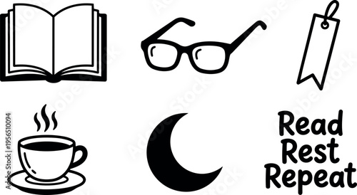 Vector line art book glasses coffee cup moon read rest repeat collage