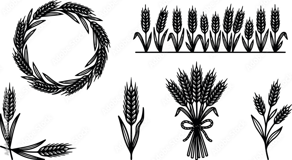 Fototapeta premium Unified wheat motifs and wreaths in vector line art for crafts and design projects