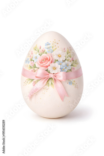 Ivory Easter Egg with Watercolor Pink Rose Bouquet and Pink Satin Ribbon on White Background