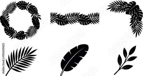 Botanical leaf silhouettes arranged as decorative elements for logos and patterns