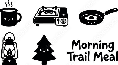 Morning trail meal icons showing mug stove pan lantern and pine tree