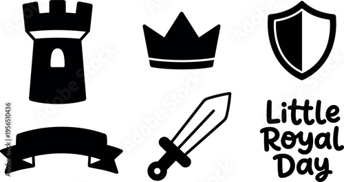 Vector line art icons of castle crown shield sword banner royal day
