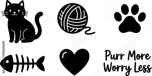 Cat and yarn ball paw print heart and purr more worry less vector artwork