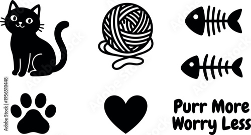 Vector art cat with yarn ball fish bones paw print heart and text