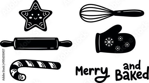 Line art baking icons and holiday phrase merry and baked illustration vector