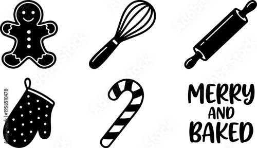 Christmas baking icons featuring gingerbread cookie candy cane and rolling pin collection