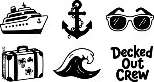 Nautical vector icons set with ship anchor sunglasses suitcase wave decked crew