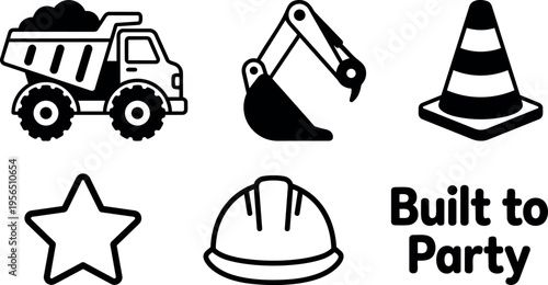 Construction icons set with dump truck excavator cone star hard hat built to party