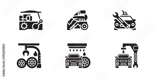 Set of automotive service icons depicting car maintenance tools car wash and tire replacement