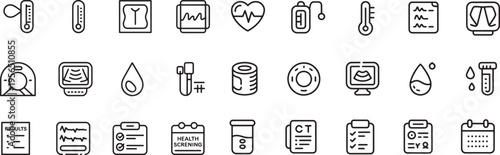 Medical diagnostics line icons for laboratory results and clinical screening on dark background
