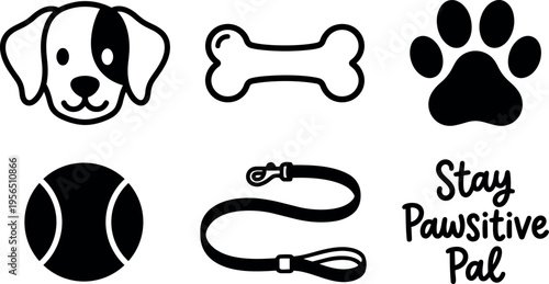 Vector line art set of dog head bone paw print leash and stay pawsitive pal
