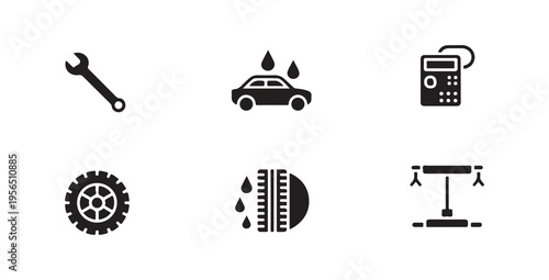 Car detailing and repair icons, auto wash and tire service, mechanic tools and garage equipment set