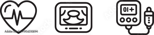 Medical equipment icons for cardiac monitoring and fetal ultrasound scanning in clinical clinic