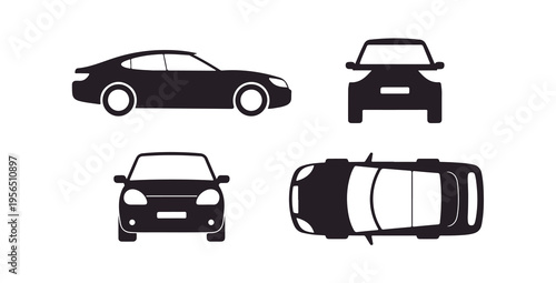 Car views set, front side top and rear silhouette, sedan automobile different perspectives modern design