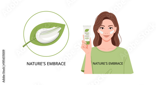 Woman holding skincare product in minimalist flat lay with green branding for natural beauty advertising