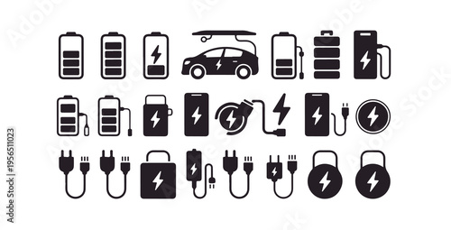 Battery charging simple vector icon set electric car and energy related glyph symbols