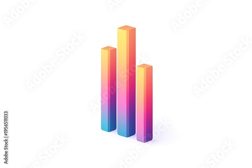 A colorful 3D bar graph with three bars of varying heights on a white background representing data and statistics in a visually appealing way