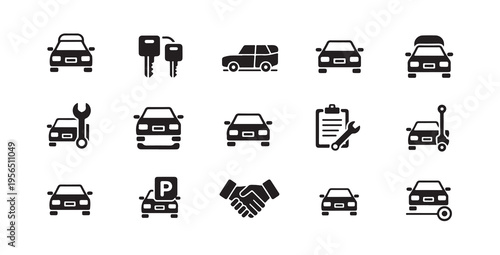 Car service simple vector icon set transport and vehicle related glyph symbols black on white