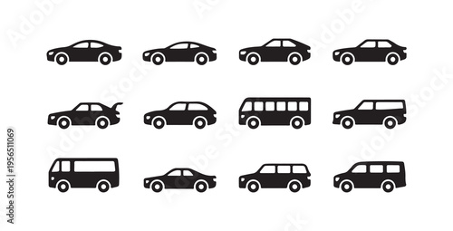 Car types simple vector icon set various kinds of vehicles and automobiles glyph symbols