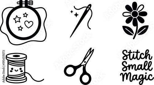 Hand drawn sewing icons set with embroidery hoop scissors thread spool flower needle and stitch text