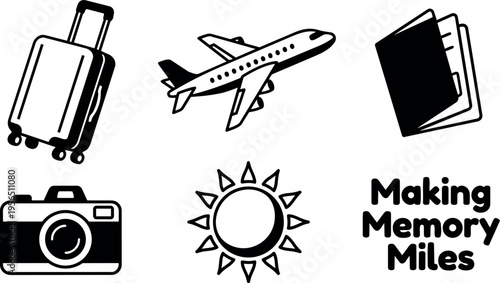 Vector line art travel icons showing luggage airplane notebook and camera in black and white