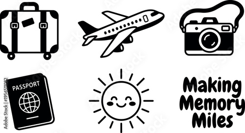 Flat design travel icons set with suitcase airplane passport sun and camera