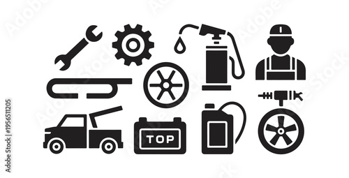 Mechanic tools and garage equipment icons featuring tow truck battery fuel can and repair person