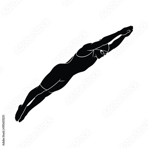 Silhouette of a swimmer in mid-dive, dynamic motion, black and white, athletic, competitive sport