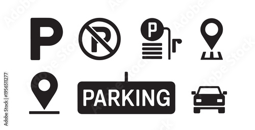 Parking symbol vector set of car park zone location and restricted sign for public area