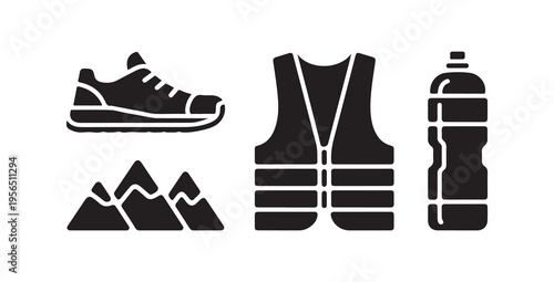 Hiking and outdoor activity icon set with shoe vest water bottle and mountains